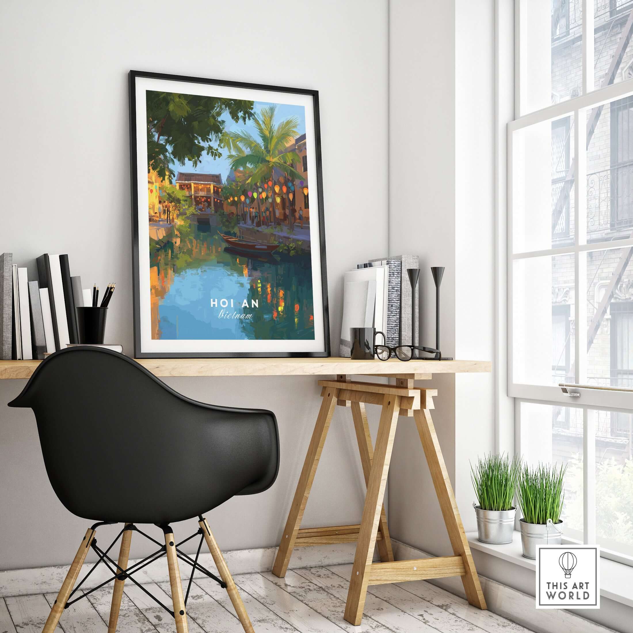 Hoi An Vietnam Night Print - Old Town Lanterns Poster displayed in a cozy home office setting with tropical decor.