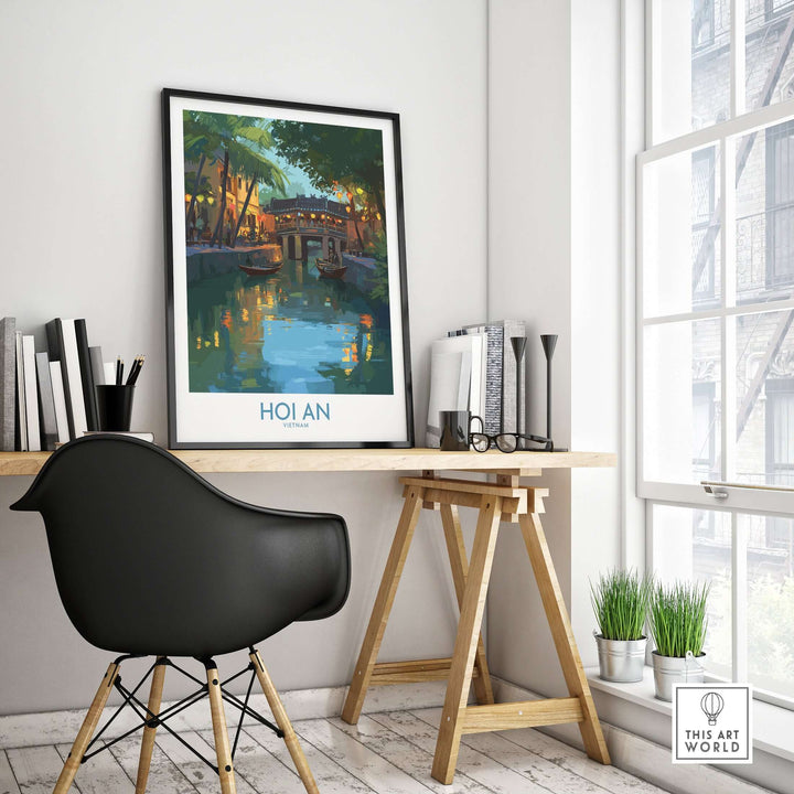 Hoi An Vietnam river scene wall art displayed in a modern workspace, showcasing Vietnamese heritage decor.