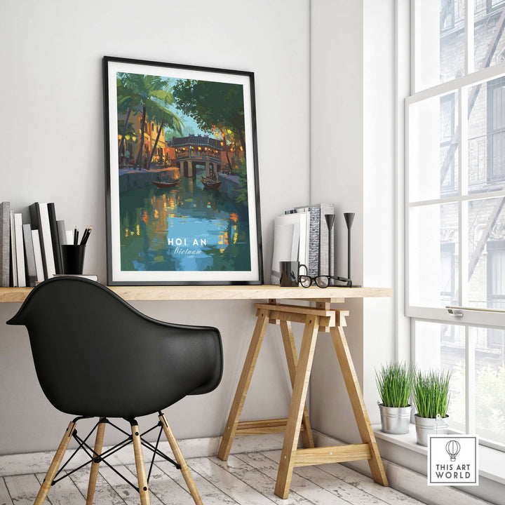 Hoi An Vietnam poster on a modern desk, showcasing vibrant landmark art and adding elegance to the room.
