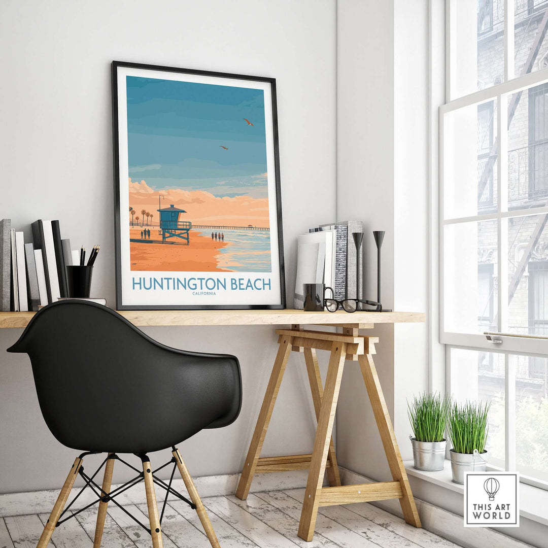 Huntington Beach surfing poster framed in a stylish room, showcasing California coastal decor.