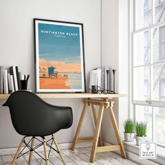 Huntington Beach Lifeguard Tower Print - California Sunset Wall Art displayed in a modern home office setting.