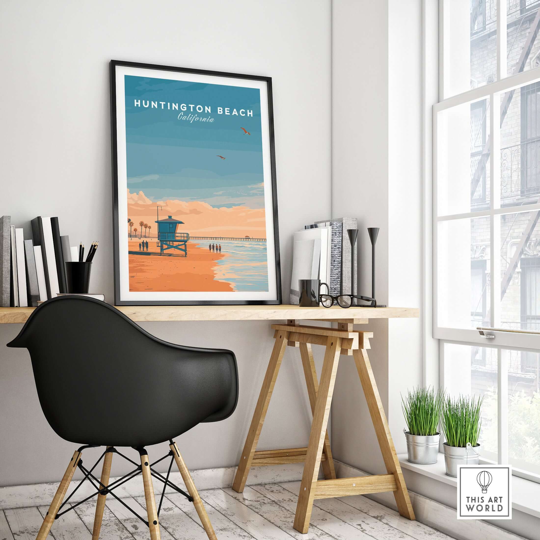 Huntington Beach Lifeguard Tower Print - California Sunset Wall Art displayed in a modern home office setting.