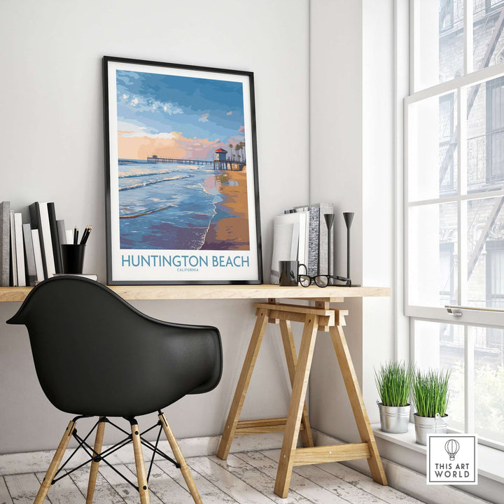 Huntington City Beach poster showcasing surf culture, vibrant colors, and coastal beauty in a stylish interior setting.