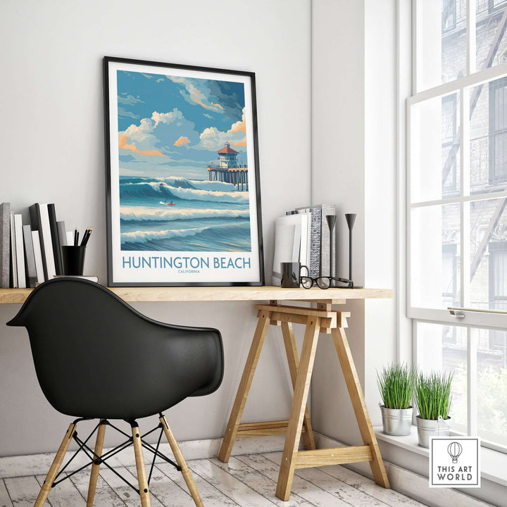 Huntington Beach California surfing poster displayed in a modern office space with a sleek chair and plants.