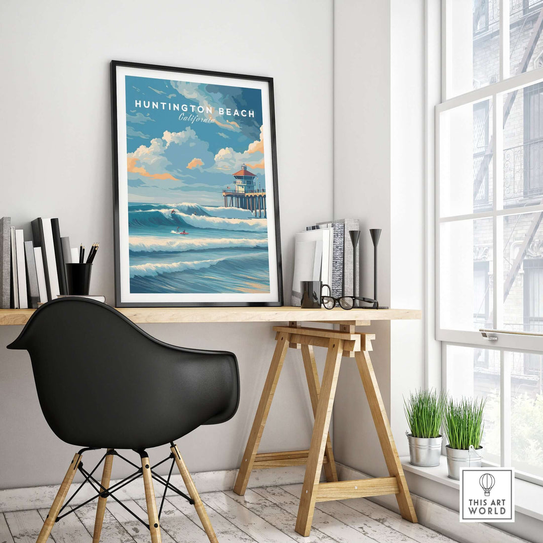 Huntington Beach Surfers Catching Waves print displayed in a modern workspace, capturing California's vibrant surf culture.