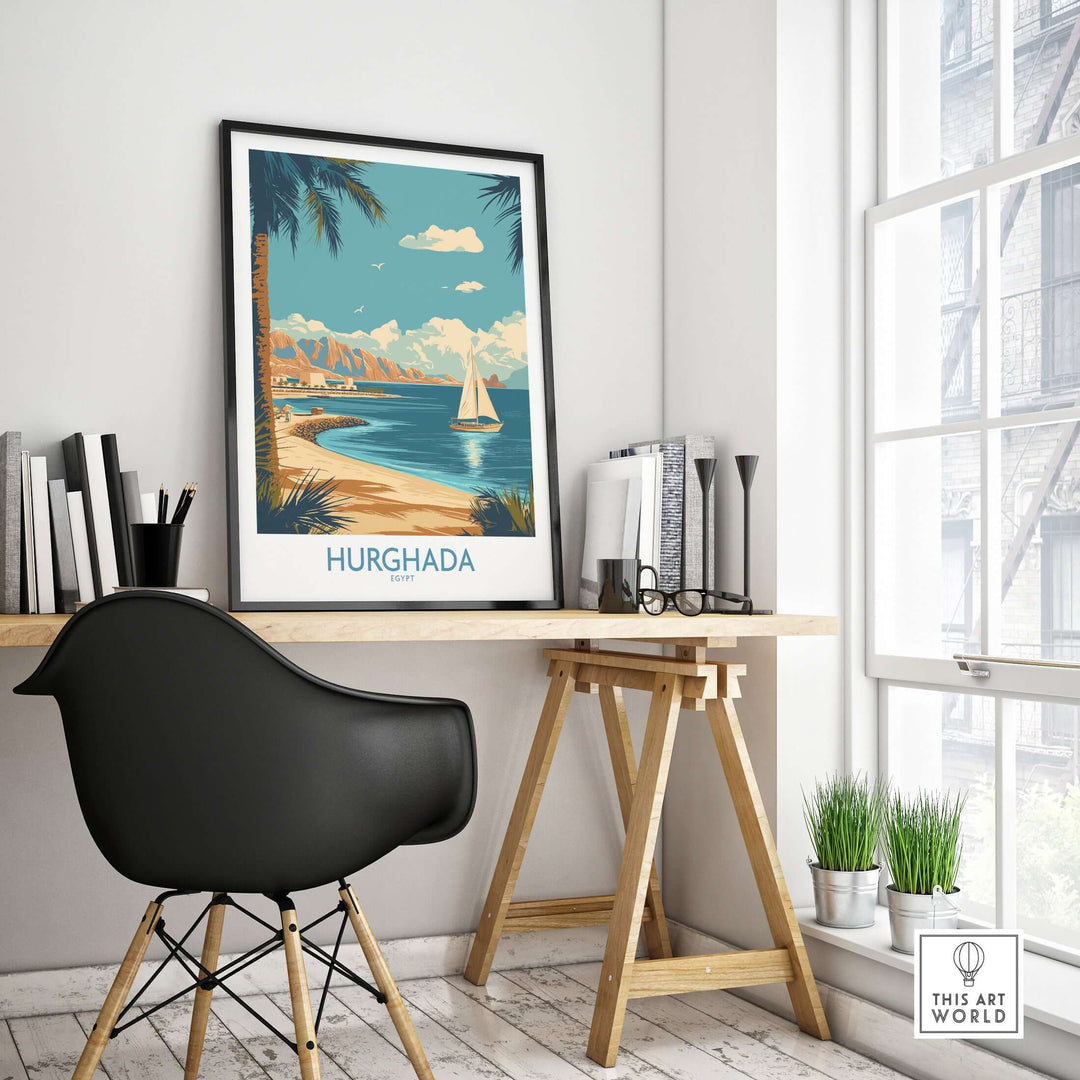 Hurghada Egypt poster featuring a serene coastal scene with a sailboat and palm trees, ideal for coastal decor.