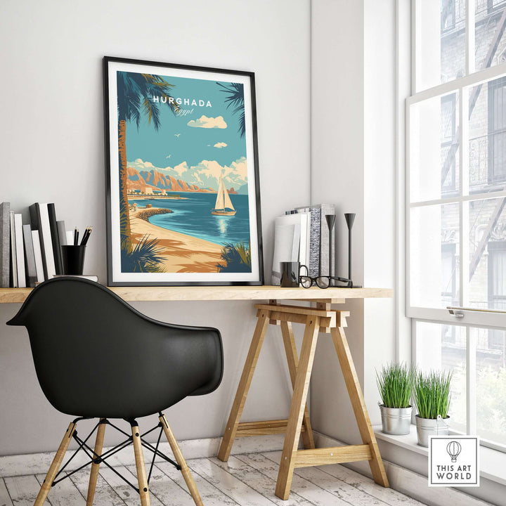 Hurghada Red Sea beach print in a stylish home office, featuring tropical resort vibes and coastal scenery.