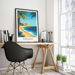 Hurghada Egypt Wall Art - Egyptian Paradise Decor displayed in a modern home office setting with coastal views.