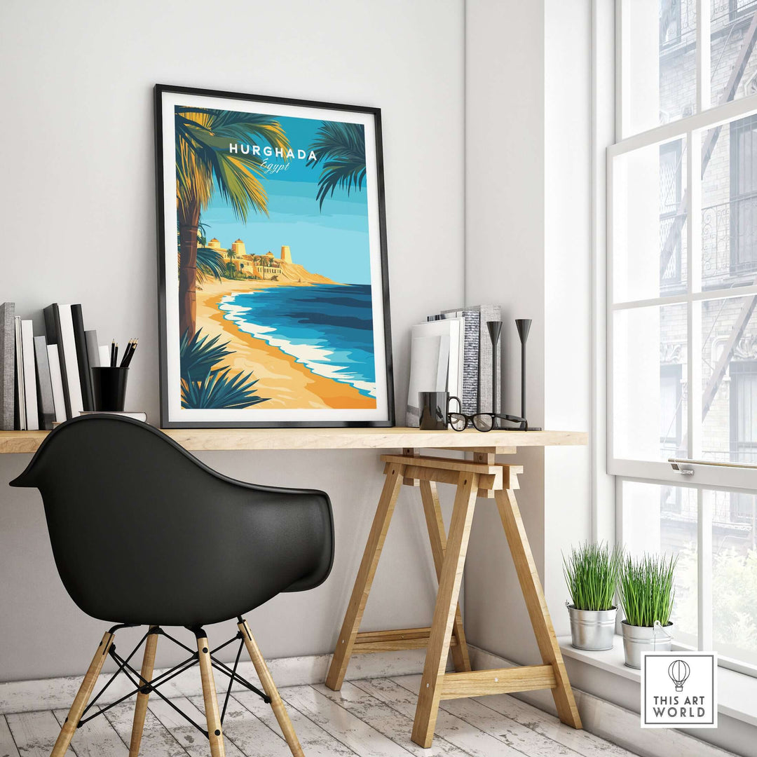 Hurghada beach poster showcasing a coastal scene with palm trees and vibrant blue waters in a modern workspace.