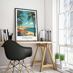 Hurghada Poster Egypt - Egyptian Resort Decor featuring a beautiful beach scene in an elegant interior setting.