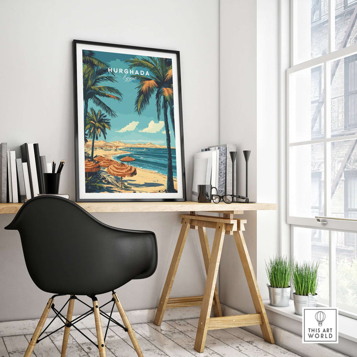 Hurghada Egypt print framed on a wall, showcasing tropical beach scene, enhancing a modern home workspace.
