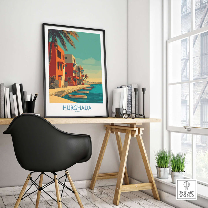 Hurghada Egypt wall art print displayed at a stylish desk, featuring vibrant coastal scenery and palm trees.