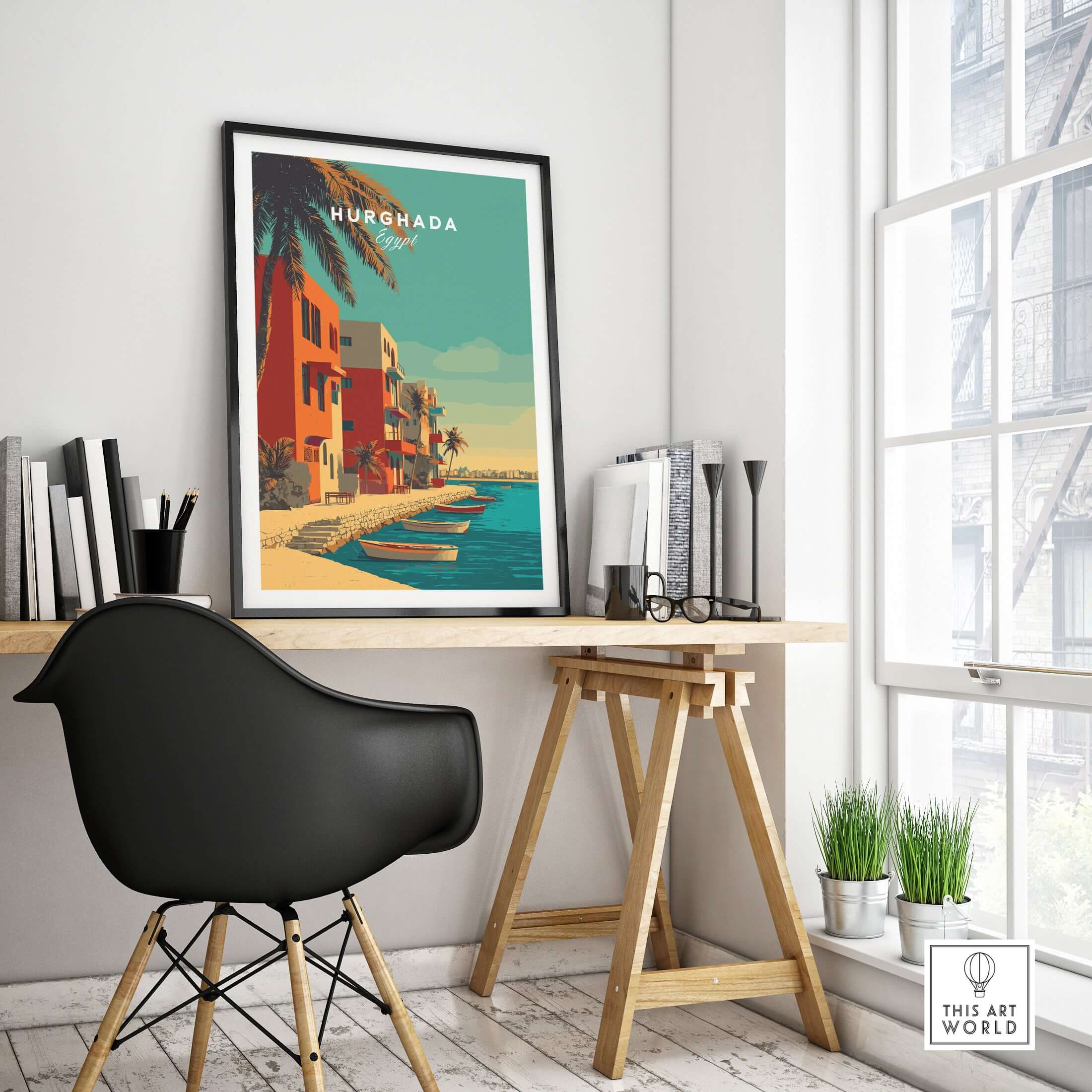 Hurghada Egypt Poster - Red Sea Boats Print displayed in a stylish workspace with coastal decor.