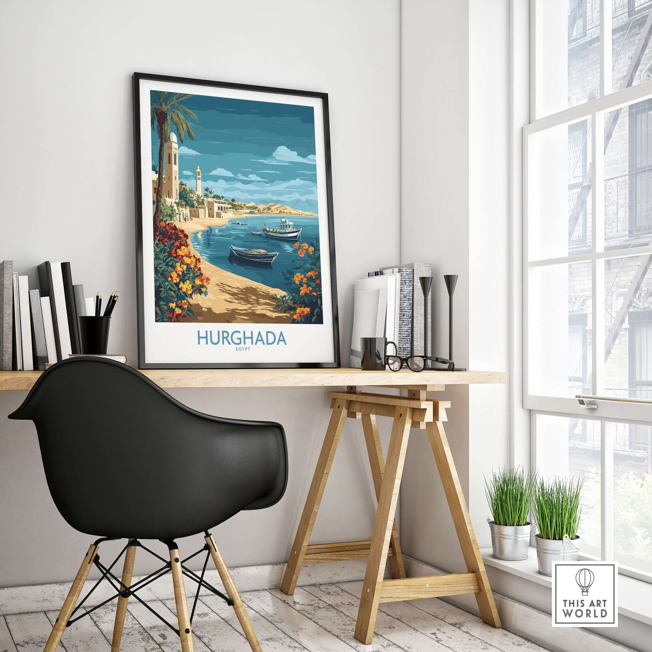 Hurghada Poster Egypt Art Print displayed in a modern workspace with a stylish desk and plant.