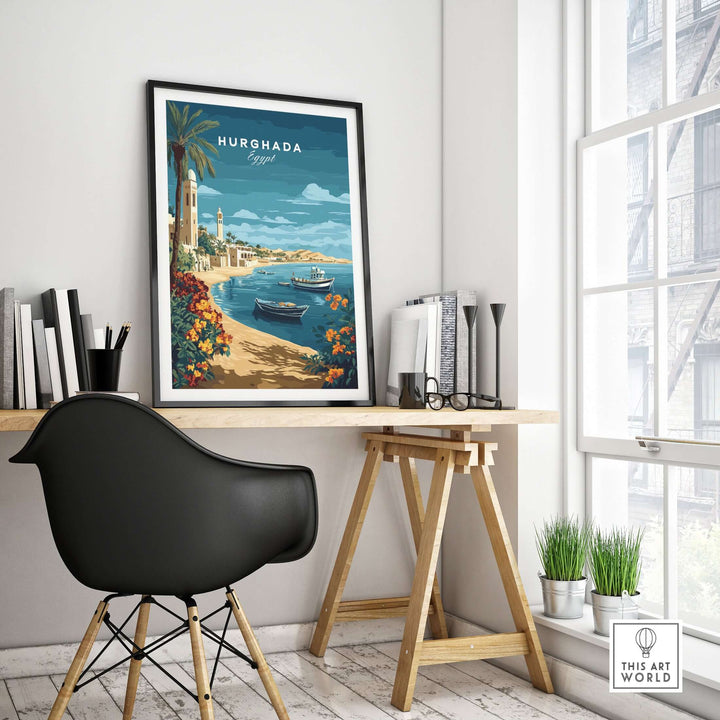 Hurghada print wall art showcasing Egypt's Red Sea coast, vibrant colors, and tropical scenery in a modern office setting.