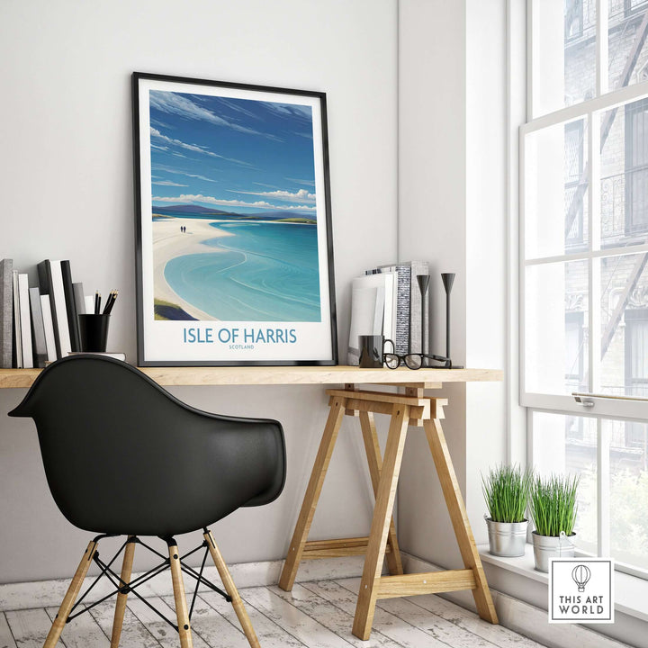Isle of Harris travel poster displayed in a stylish office, showcasing Scotland's Outer Hebrides coastal beauty.