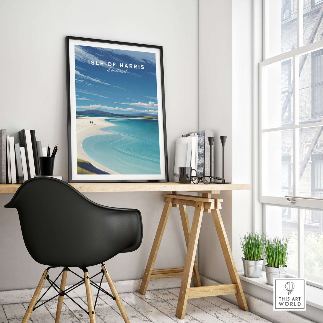Isle of Harris Scotland Luskentyre Beach print in modern home office with black chair and plants.