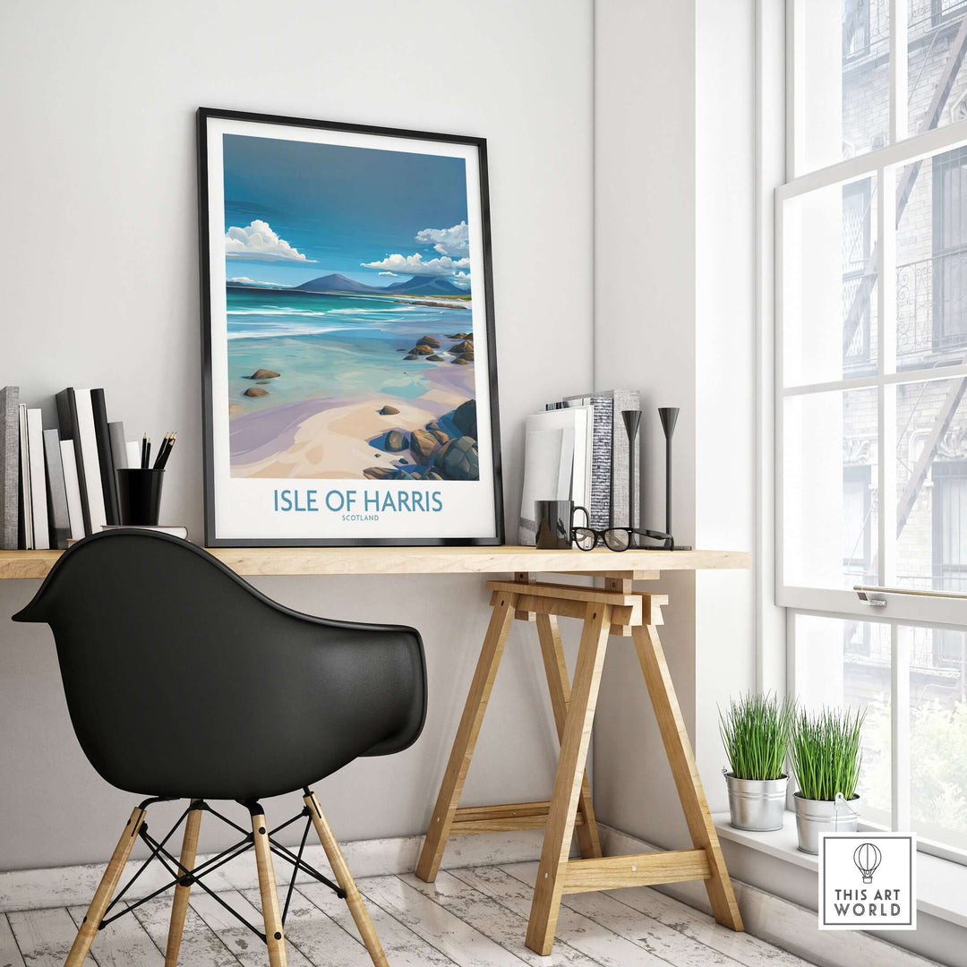 Isle of Harris poster showcasing clear waters and serene coastal views, enhancing interior decor with Hebridean charm.