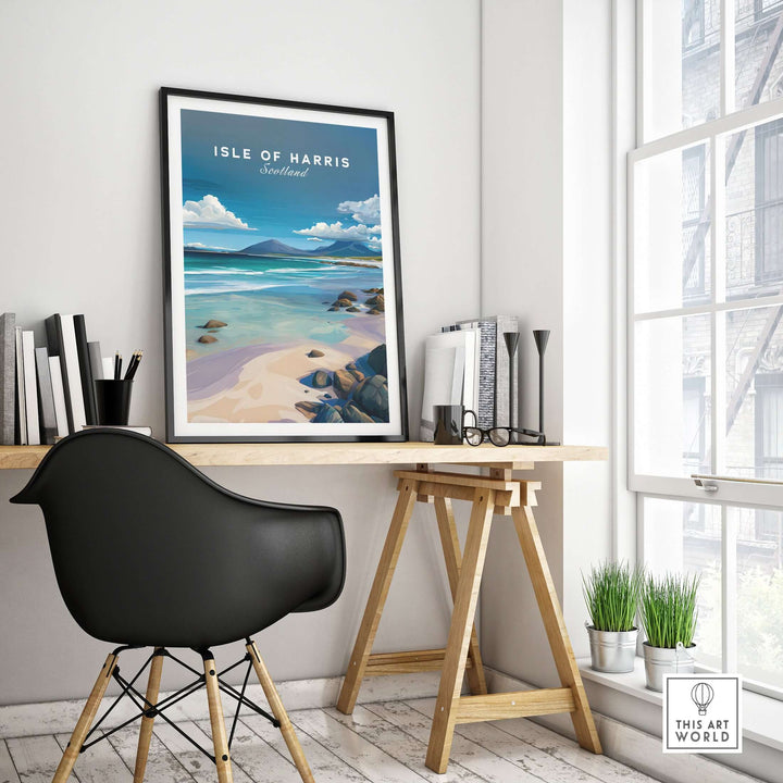 Isle of Harris blue sky beach print in modern interior featuring a rocky coastline wall art.