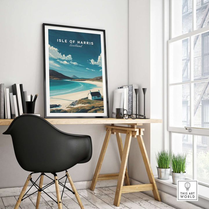 Isle of Harris beach house seascape poster displayed in a serene office setting, highlighting Scotland's coastal beauty.