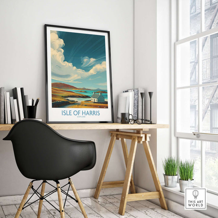 Isle of Harris poster showcasing dramatic sky and seascape, displayed in a stylish home office setting.