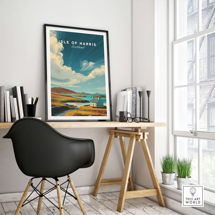 Isle of Harris print in a modern workspace, showcasing Scotland's coastal landscape with rolling hills.