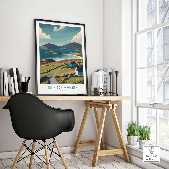 Isle of Harris landscape poster displayed in a modern workspace, showcasing Scotland's remote beauty and tranquility.