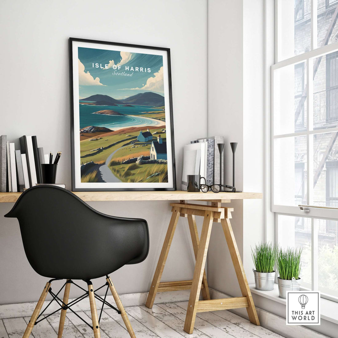Isle of Harris Scotland beach print in modern home office setting, showcasing scenic coastal landscape.