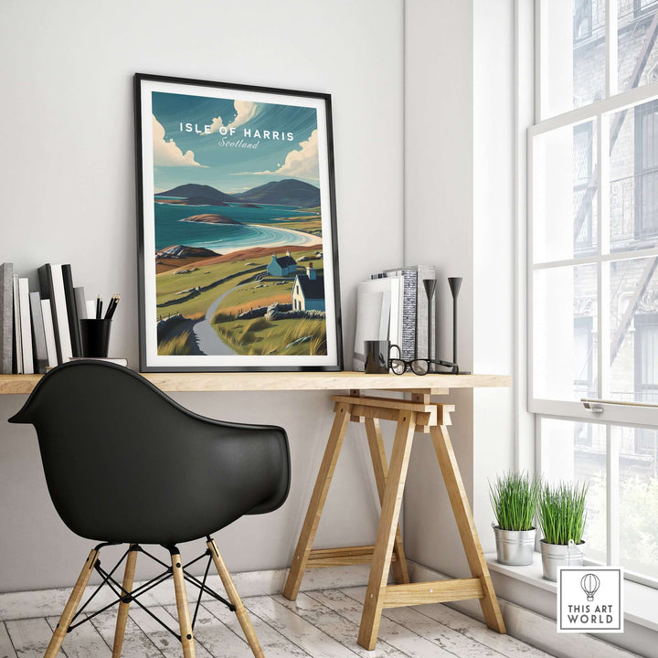 Isle of Harris Scotland beach print in modern home office setting, showcasing scenic coastal landscape.