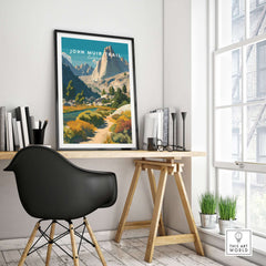 John Muir Trail California Sierra Nevada Mountain Print - Wilderness Hiking Wall Art displayed in a cozy home office.