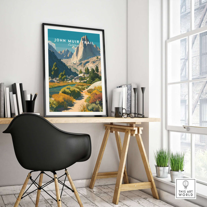 John Muir Trail mountain print in stylish workspace, showcasing California Sierra Nevada wilderness art.