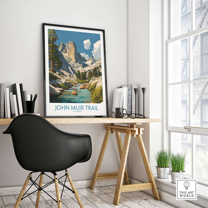 John Muir Trail mountain river poster displayed in a modern home office setting, showcasing California's natural beauty.