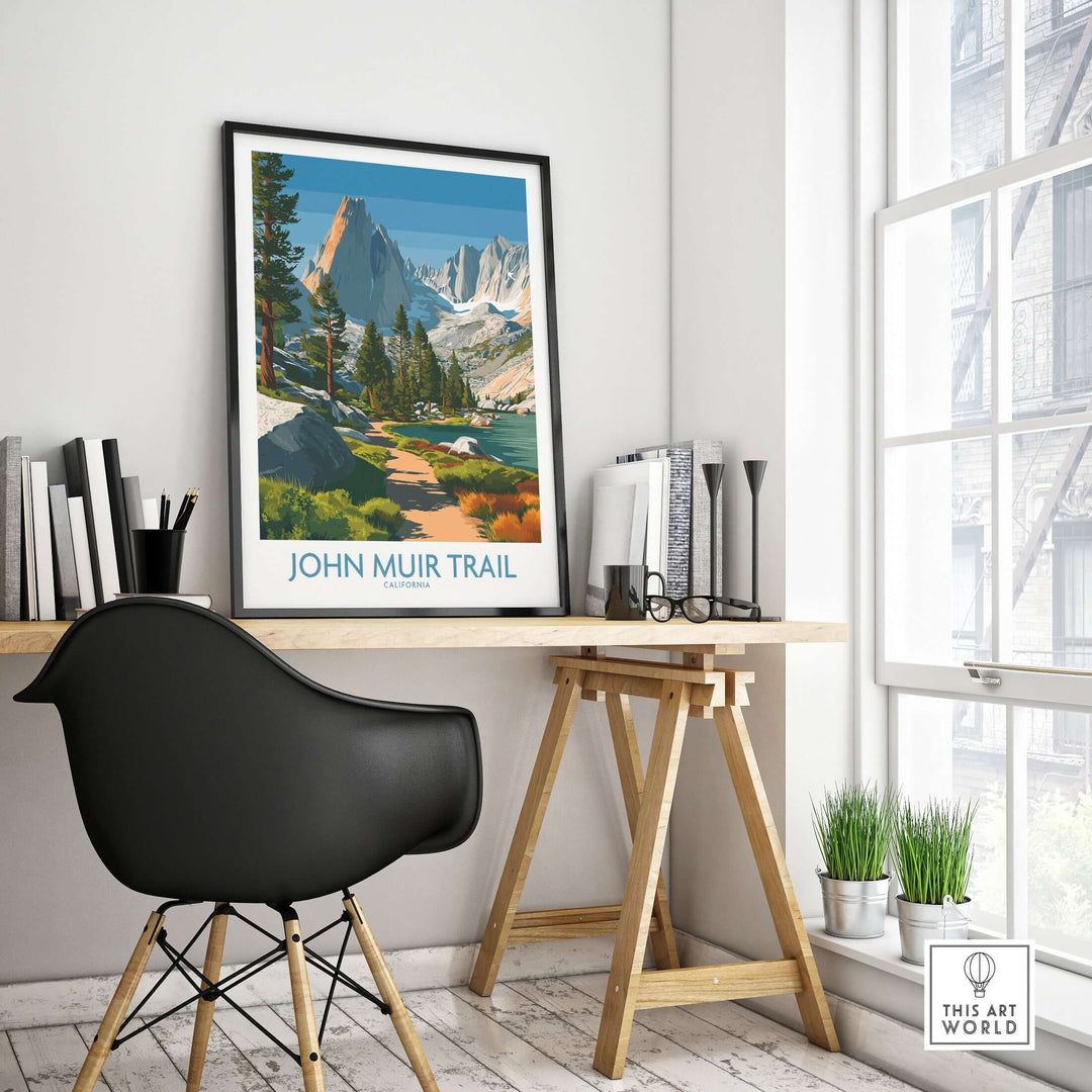 John Muir Trail wall art featuring serene lake and mountains in a stylish home office setting.