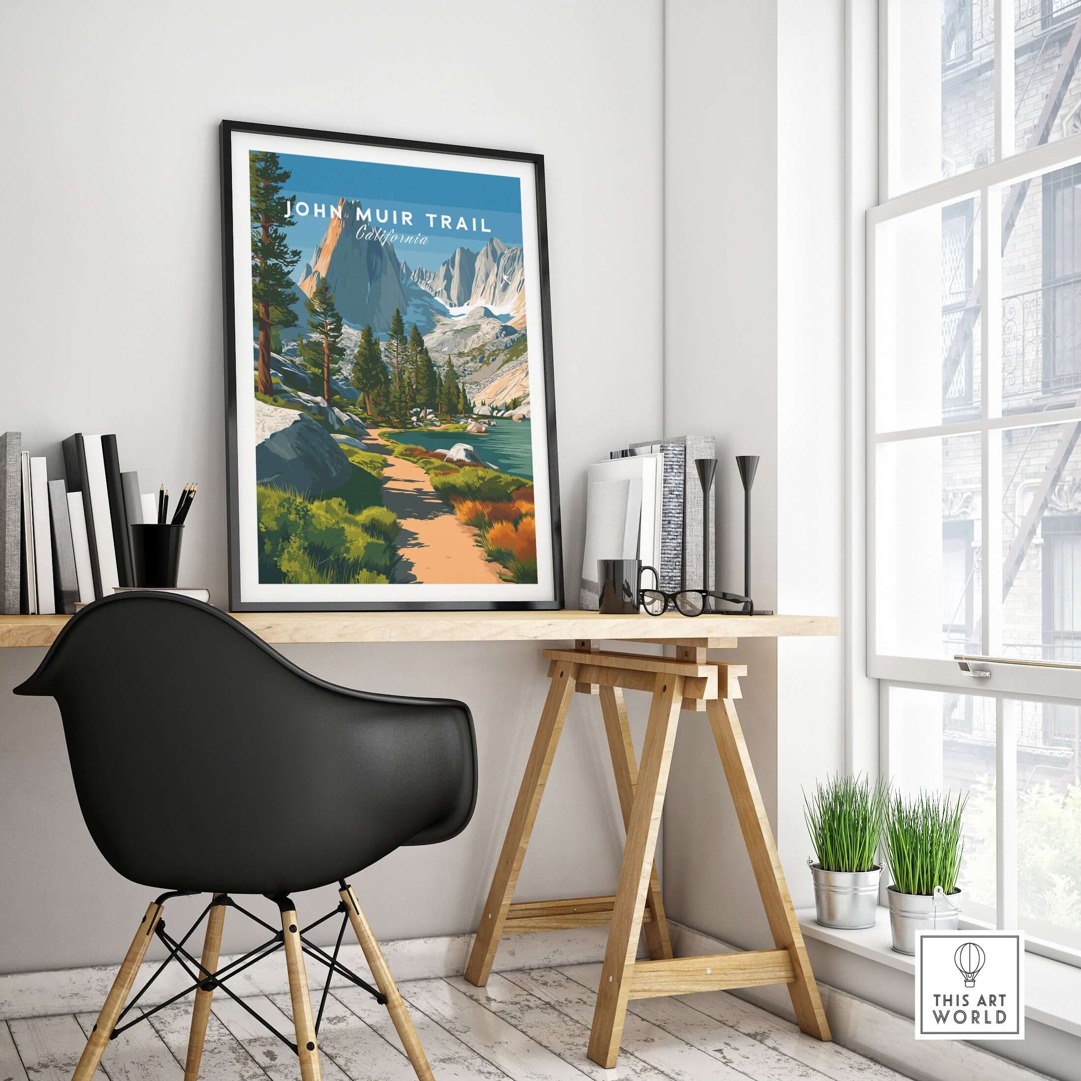 John Muir Trail California Lakeside Mountain Trail Poster - Wilderness Landscape Print displayed in a stylish office setting.