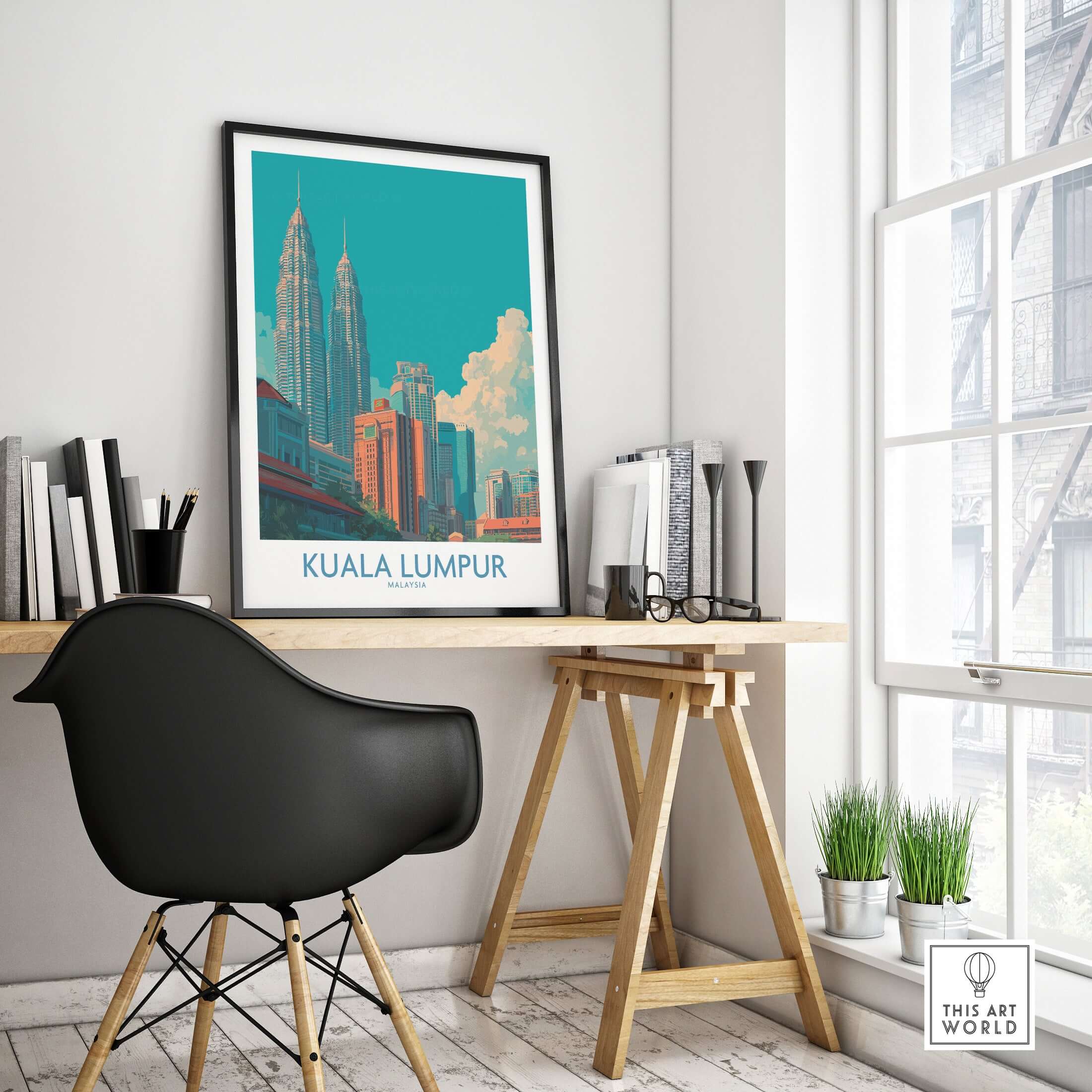 Kuala Lumpur Malaysia Urban Cityscape Poster - Malaysian Capital Art Print displayed in a modern workspace.