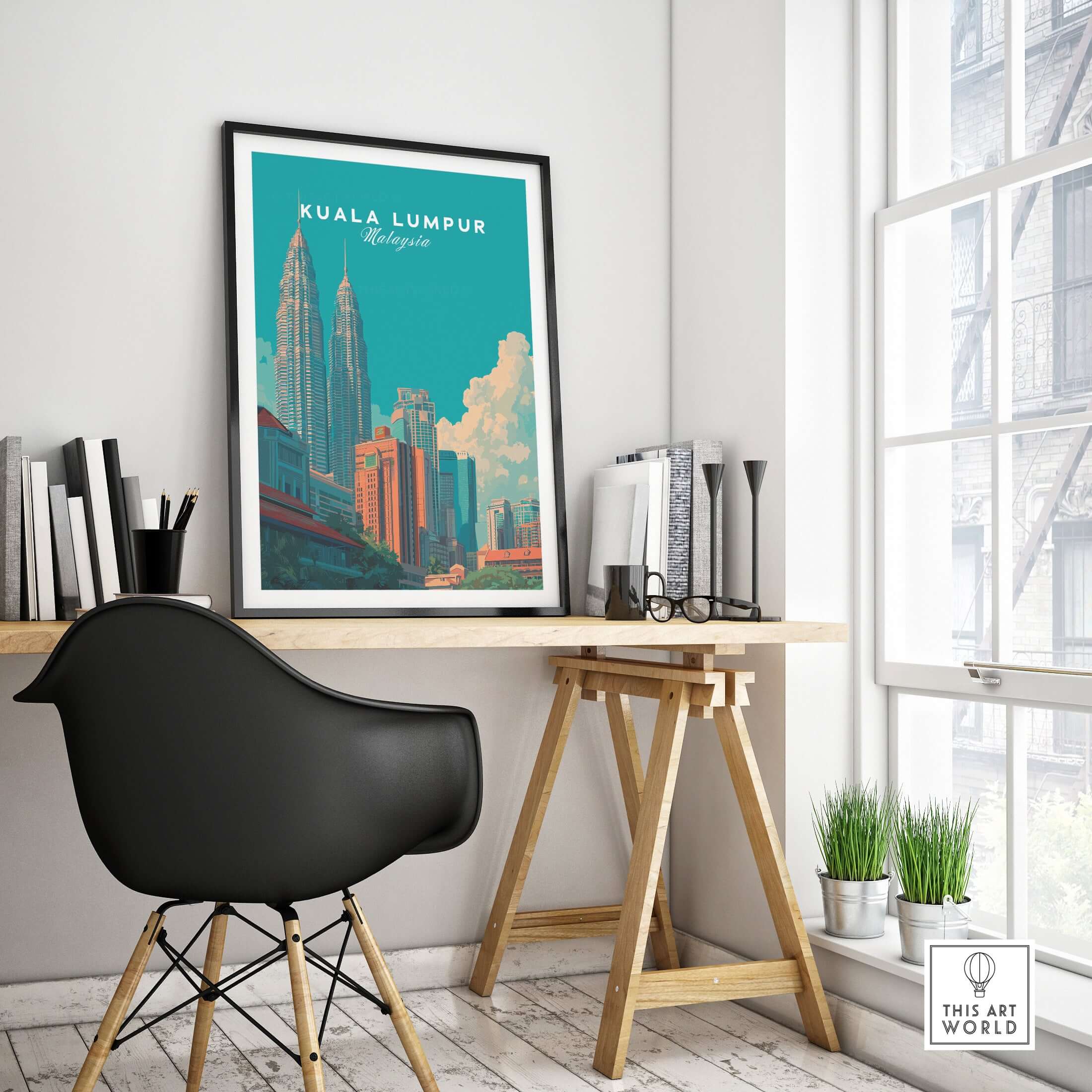 Kuala Lumpur Malaysia Print Petronas Towers Skyline Poster - Modern City Wall Art displayed in a stylish interior setting.