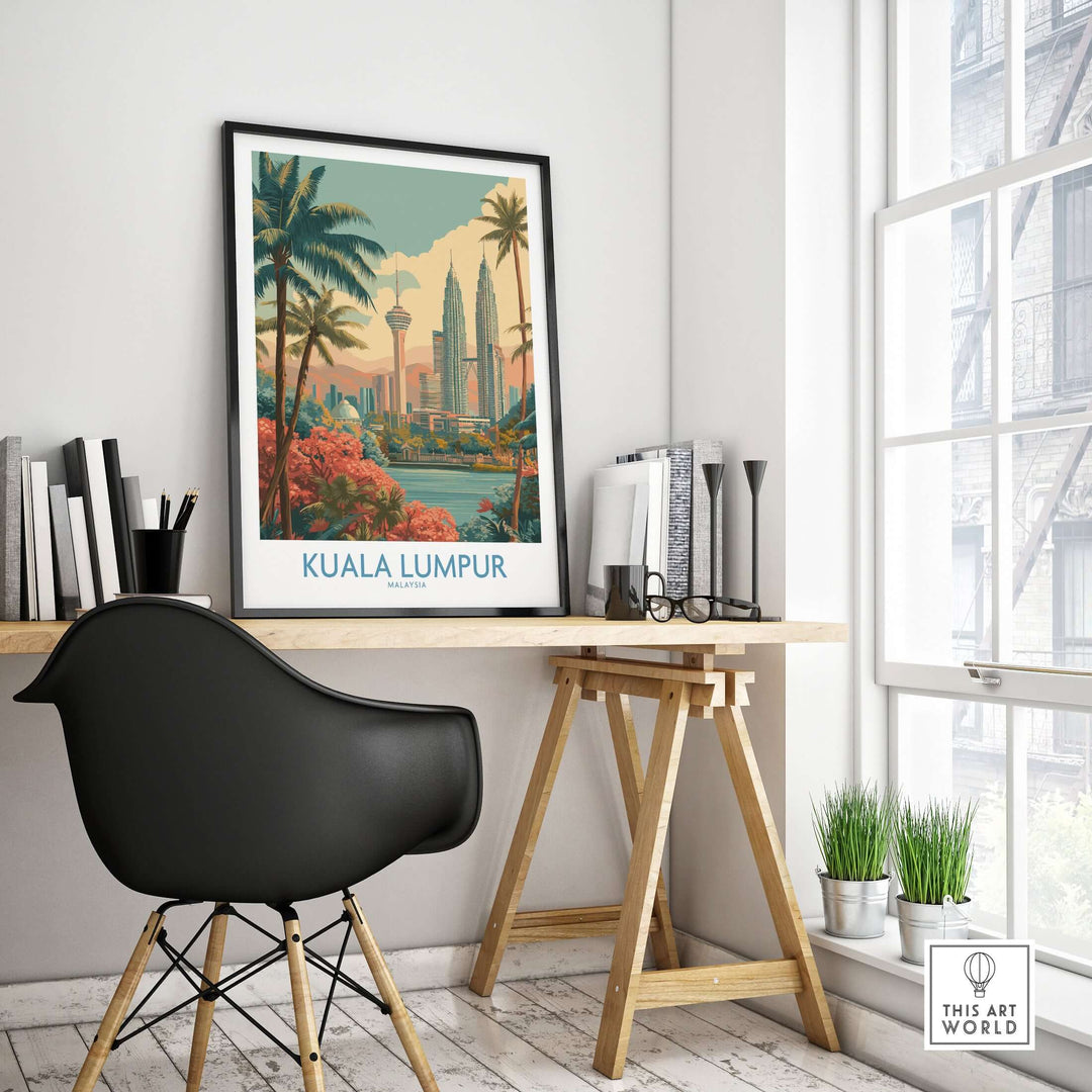 Kuala Lumpur Poster featuring iconic skyline and palm trees in a modern decor setting.