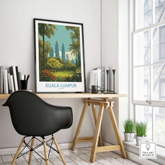 Kuala Lumpur Malaysia Skyline Poster - Malaysian Capital Wall Art displayed in a modern workspace with plants.