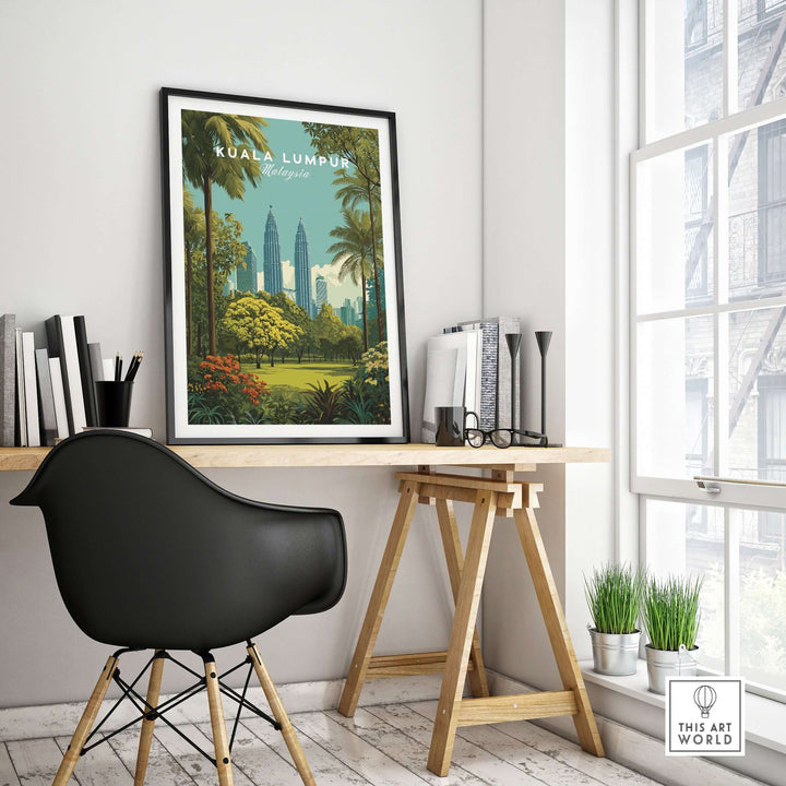 Kuala Lumpur Twin Towers garden print in a stylish office setting with a modern chair and desk.