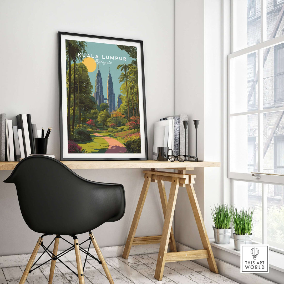 Kuala Lumpur poster featuring Petronas Towers and park path, modern wall art in a stylish workspace.