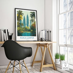 Kuala Lumpur Malaysia KLCC Park Wall Art - Malaysian Skyline Art Print showcased in a stylish workspace setting.