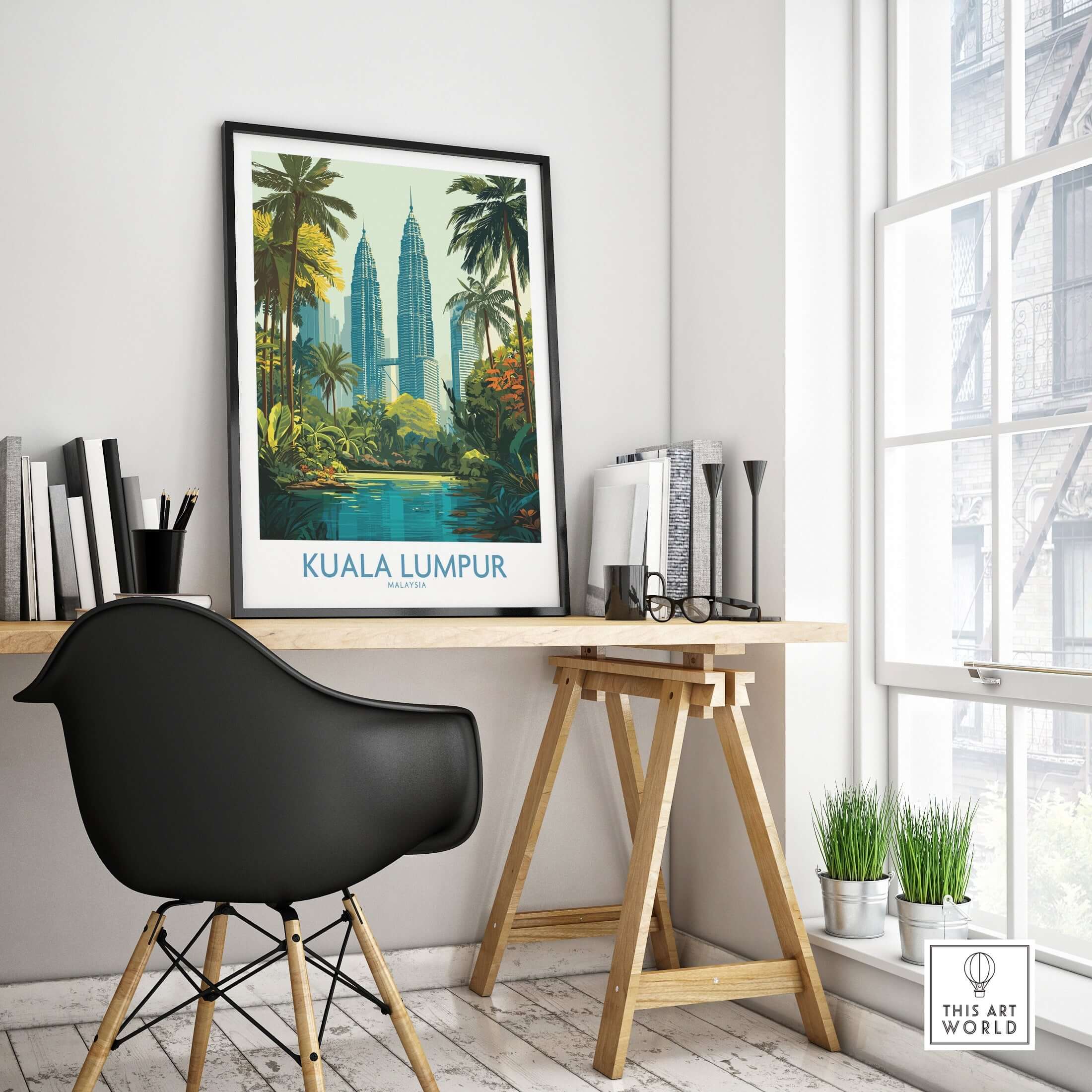 Kuala Lumpur Malaysia KLCC Park Wall Art - Malaysian Skyline Art Print showcased in a stylish workspace setting.