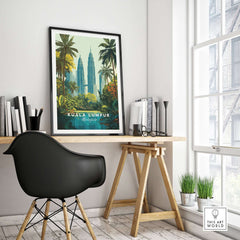 Kuala Lumpur Malaysia Twin Towers Print - Tropical Cityscape Poster displayed in modern workspace with plants and stylish decor.