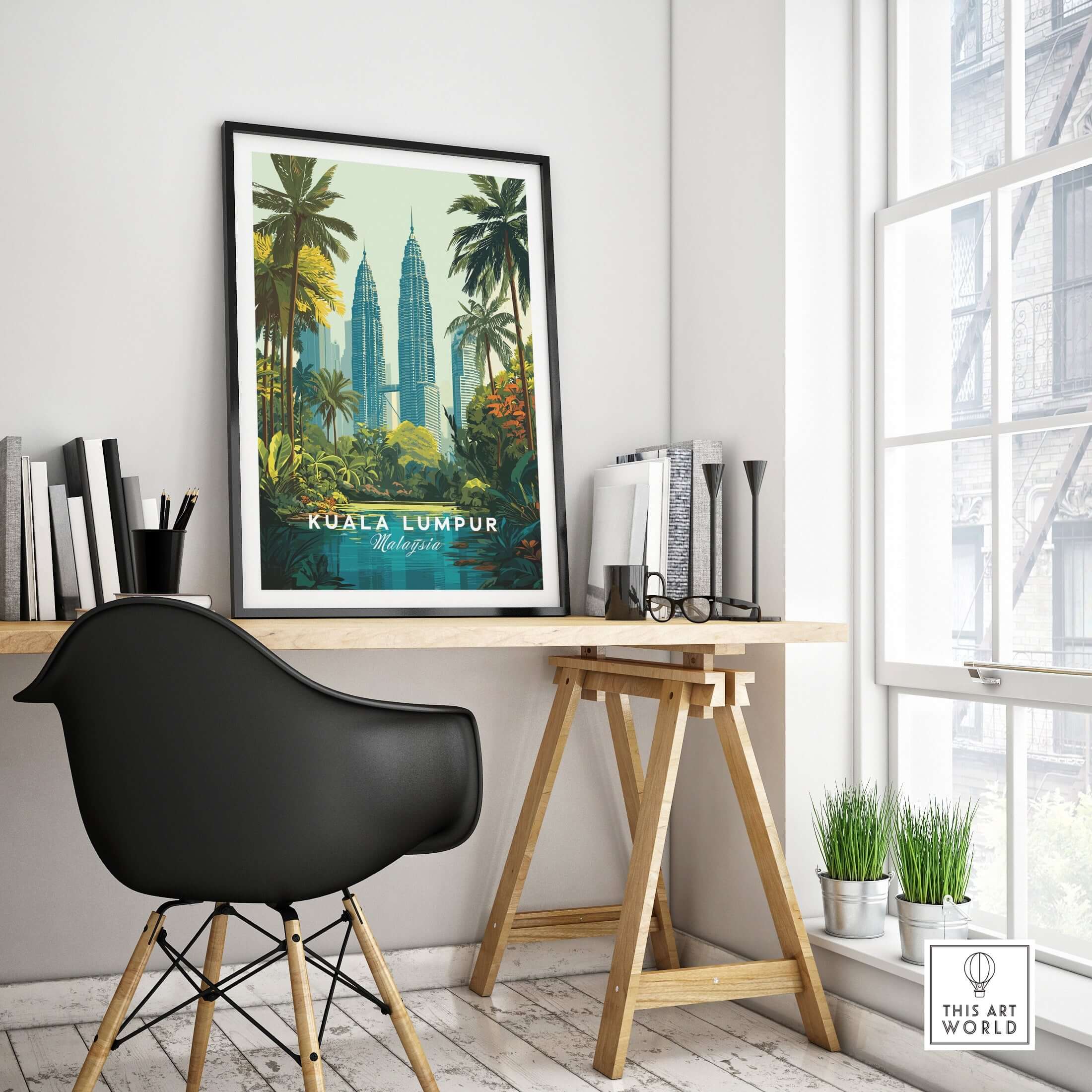 Kuala Lumpur Malaysia Twin Towers Print - Tropical Cityscape Poster displayed in modern workspace with plants and stylish decor.