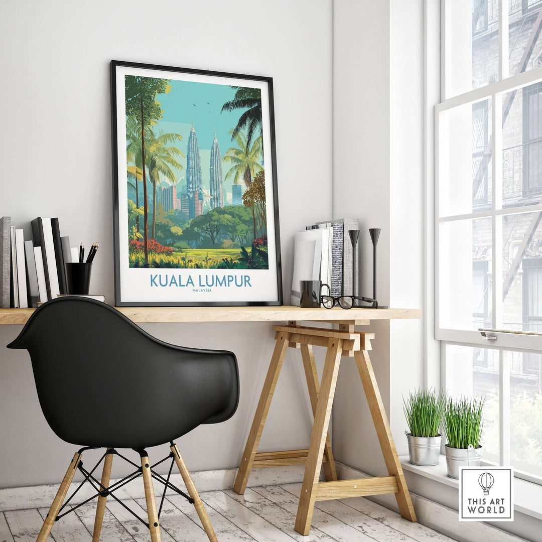 Kuala Lumpur green city skyline poster in modern workspace, showcasing urban landscape and lush greenery.