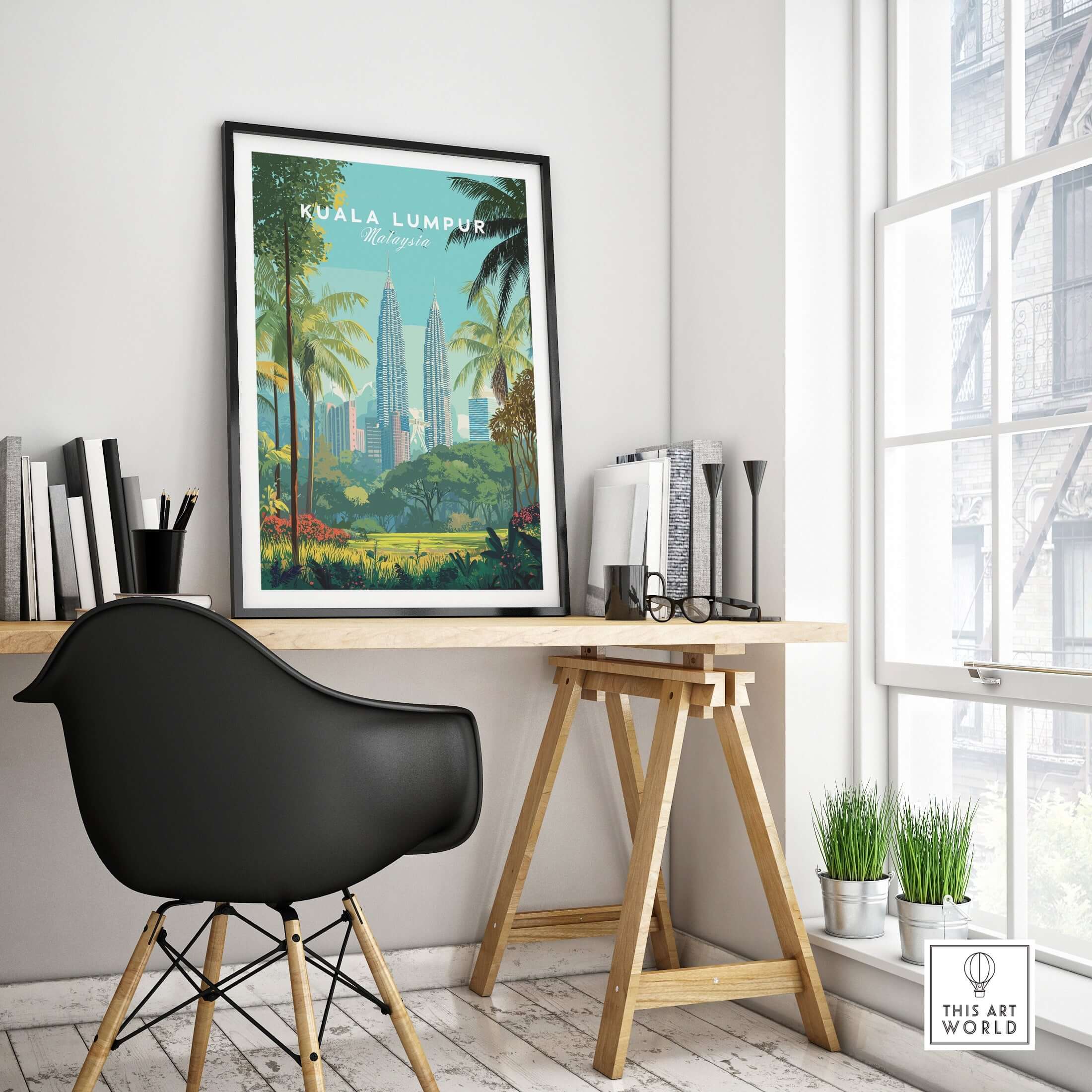 Kuala Lumpur Malaysia Petronas Towers Print - Skyscrapers & Nature Wall Art displayed in a modern workspace.