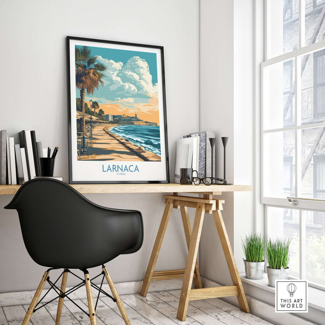 Larnaca poster featuring palm trees and sunset decor in a stylish home office setting.