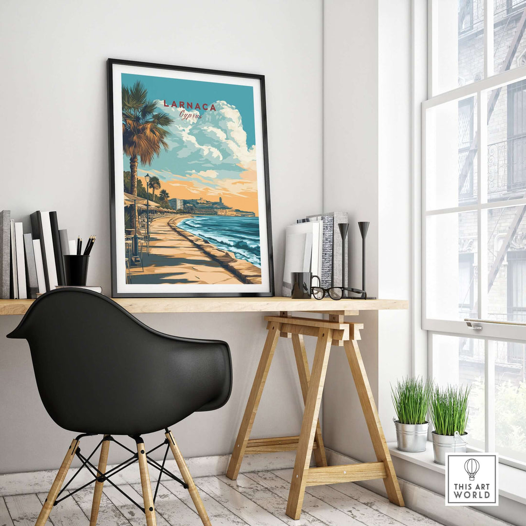 Larnaca print showcasing Cyprus's beachfront promenade in a stylish workspace, perfect Mediterranean coastal wall art.