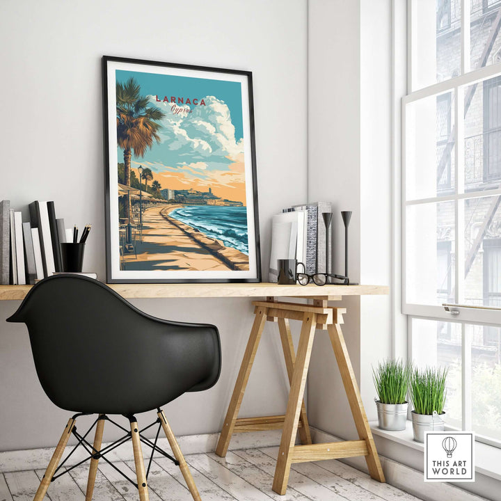 Larnaca print showcasing Cyprus's beachfront promenade in a stylish workspace, perfect Mediterranean coastal wall art.