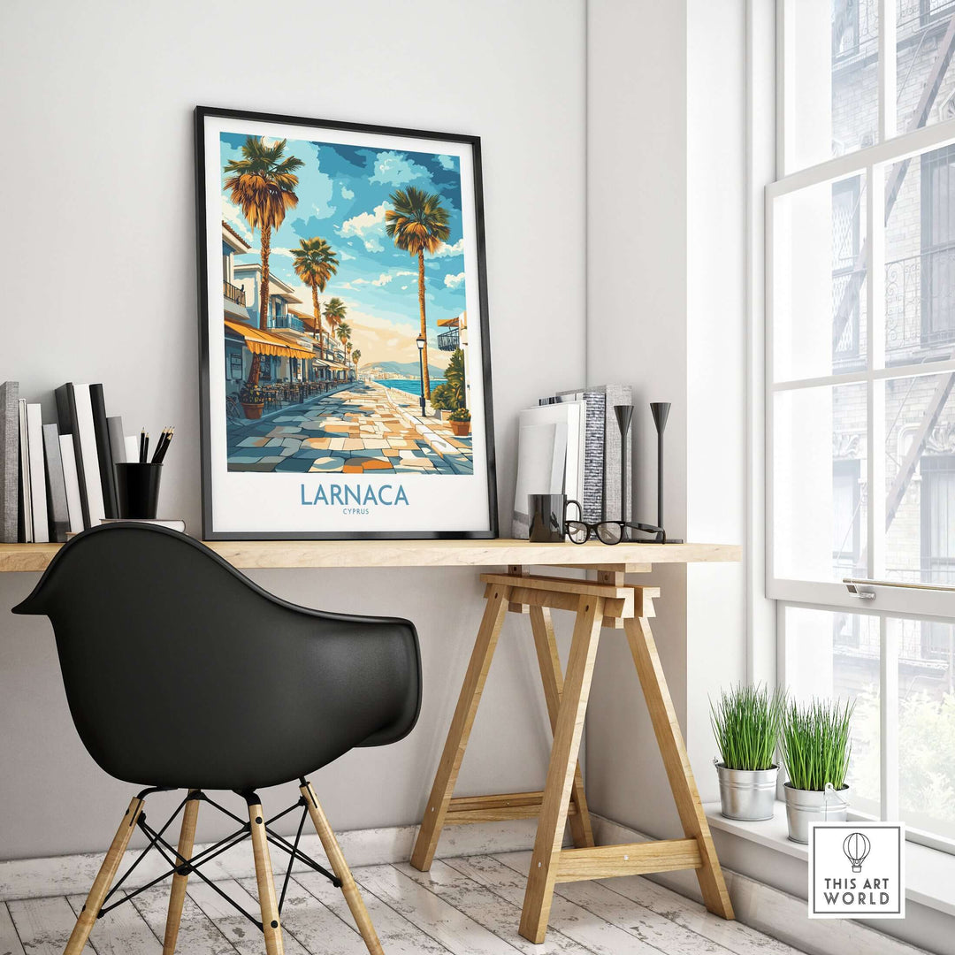 Larnaca Cyprus Finikoudes Beach print in stylish workspace, showcasing picturesque coastal scenery and vibrant Mediterranean colors.